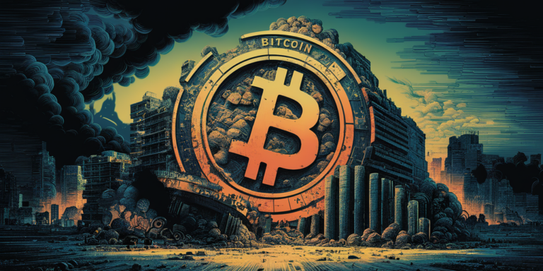 bitcoin btc logo crumbling building gID 7