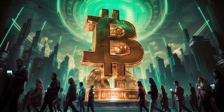 bitcoin btc gold statue green futuristic city gID 7