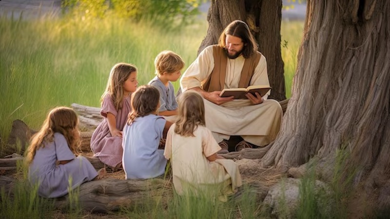 happy jesus sits clearing summer tree reading book smiling with children 177786 9641