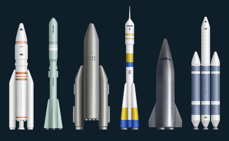 row of rockets of various shapes and sizes