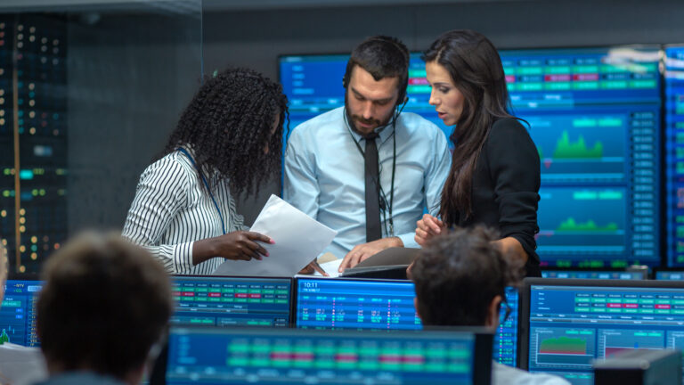 three people debating on stock data information