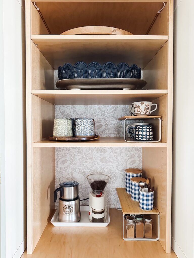 cottage kitchen coffee station cabinet removable wallpaper the inspired room