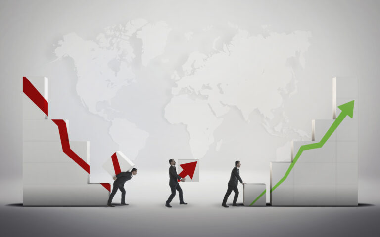 people moving blocks from a down red arrow towards those with a green up arrow